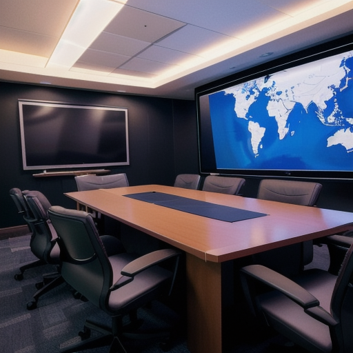 Executive briefing room with analytics boards, no people